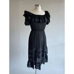 Vtg 70's Black Floral Ruffle Dress Sz 5 Prairie Western Glam Retro KINGS ROW